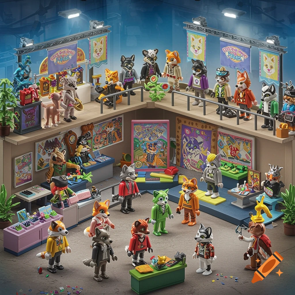 A detailed Playmobil-style diorama of anthropomorphic animal figures at a furry convention, with booths and displays.