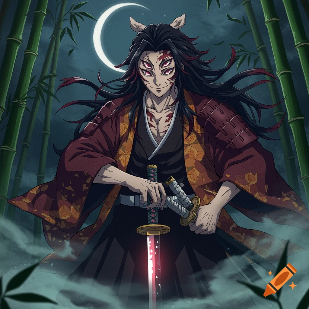 Anime character Kokushibo with multiple red eyes and a katana in a bamboo forest under a crescent moon.