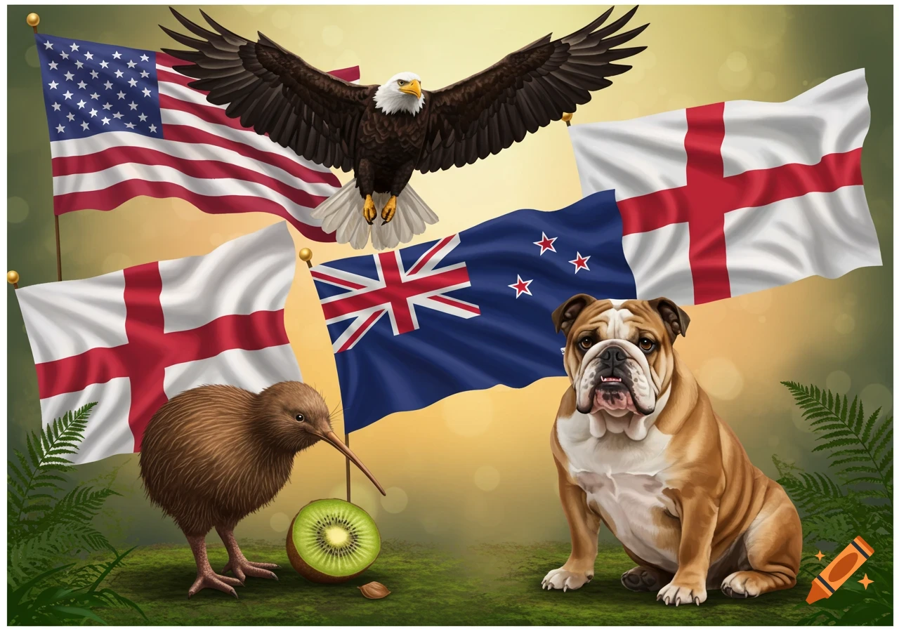 Illustration of a bald eagle, kiwi, and bulldog with flags of USA, New Zealand, and England on a grassy background.