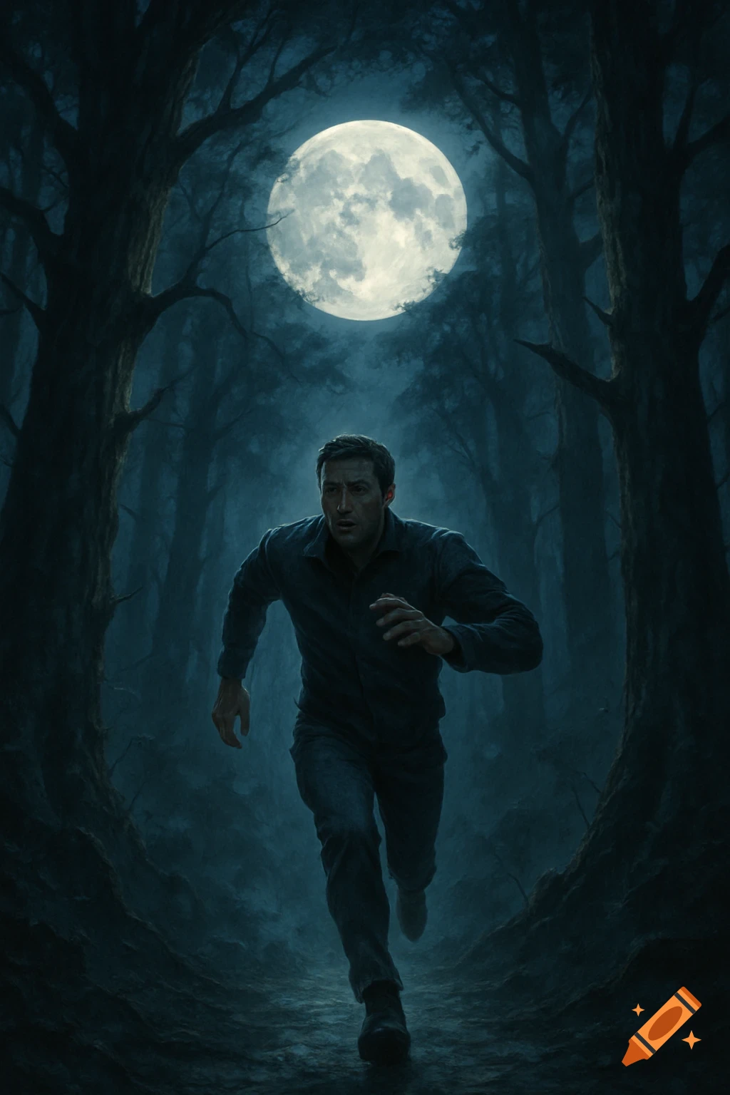A man runs frantically through a dark, eerie forest under a large, bright full moon. Photorealistic.