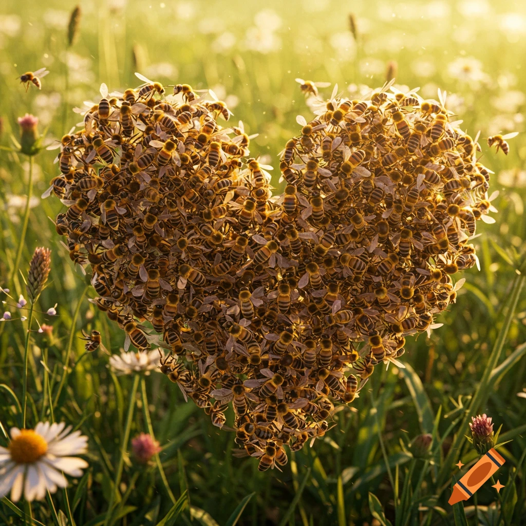 A large swarm of bees forms a heart shape in a sunny field among grass and white flowers.