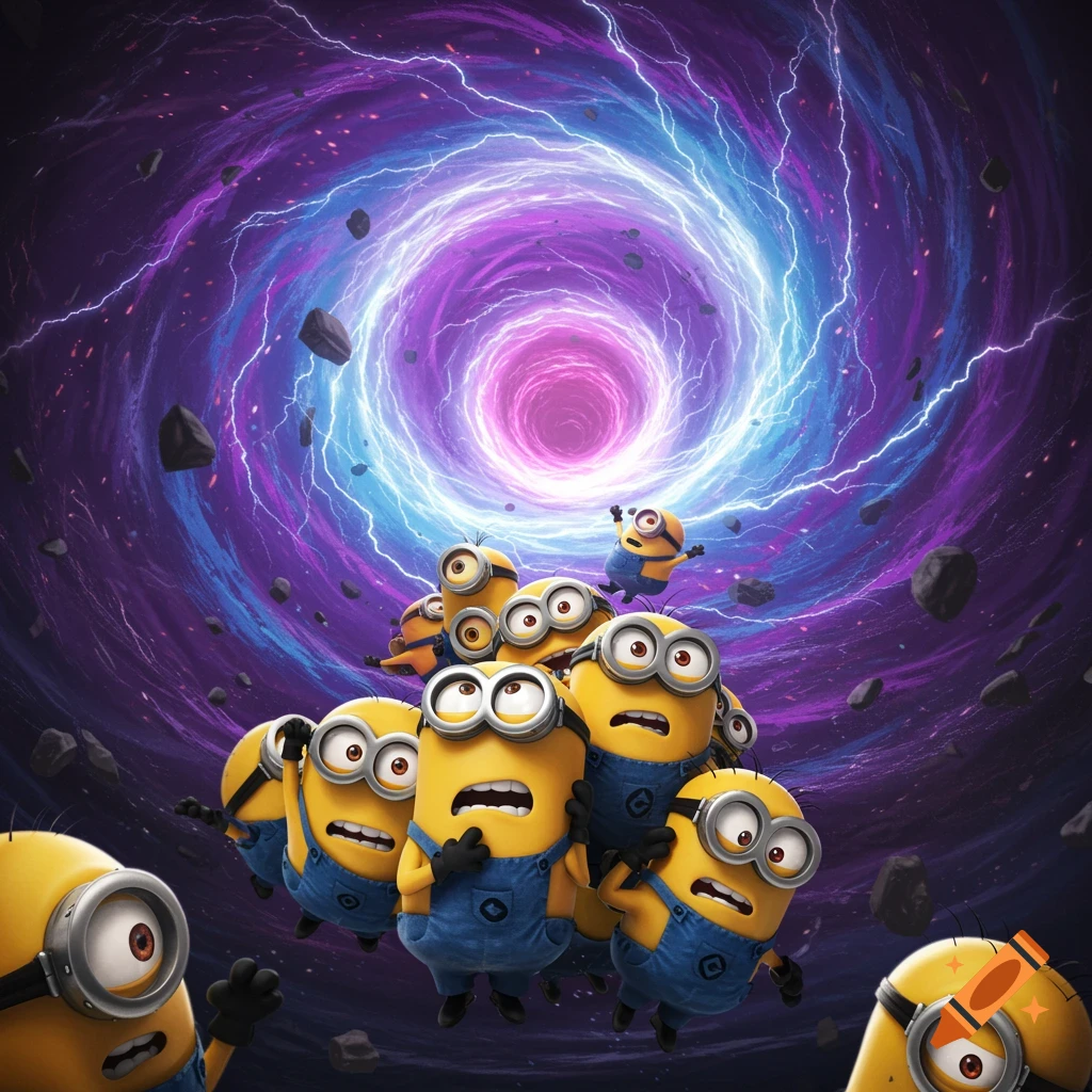 A group of scared Minions being pulled towards a vibrant purple and blue cosmic vortex with floating rocks.