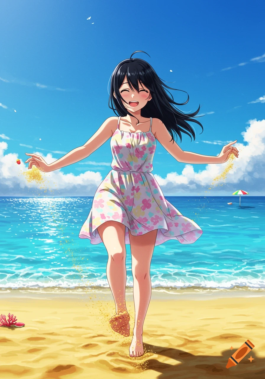 An anime girl with dark hair happily runs along a sunny beach, splashing sand as she moves towards the blue ocean.