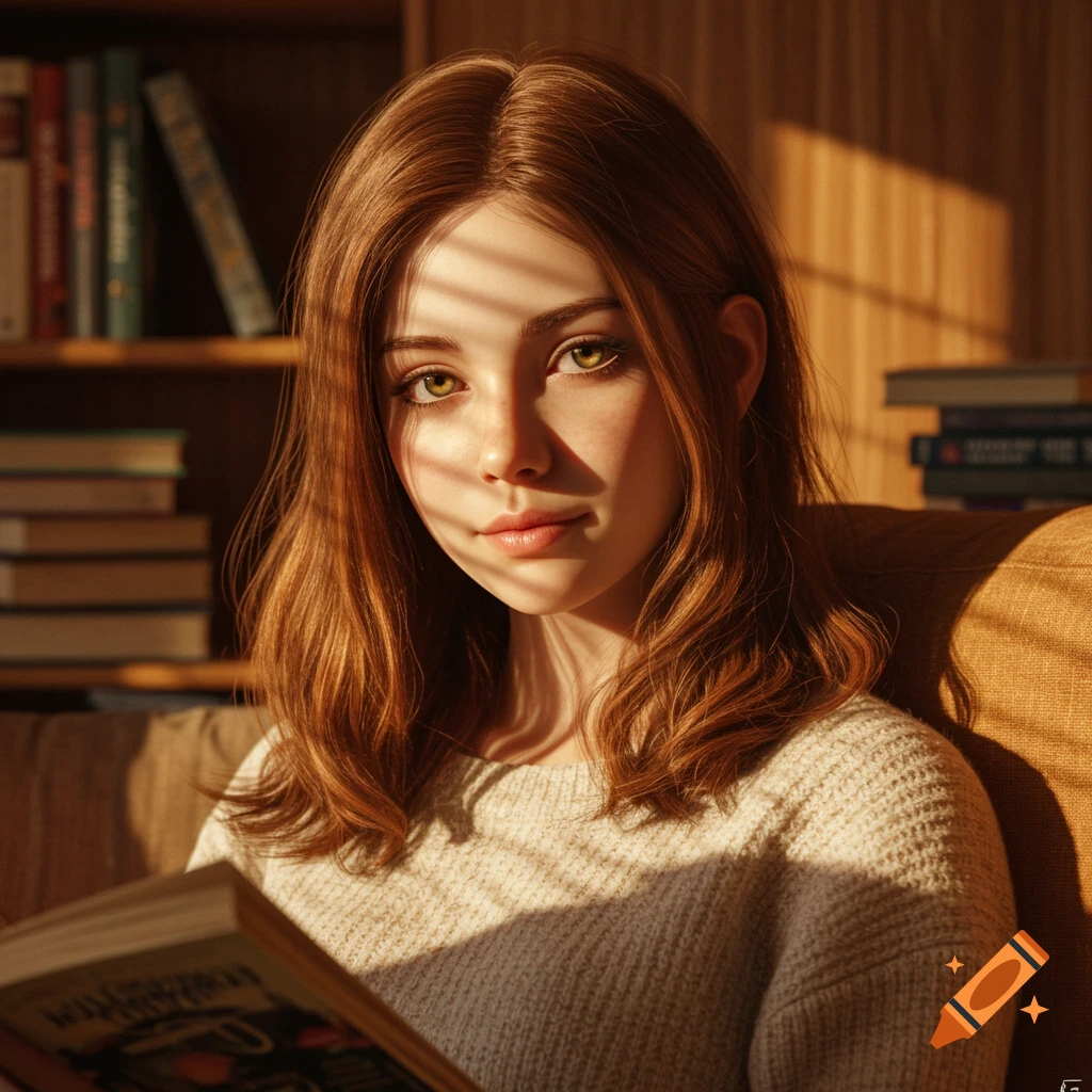 A photorealistic portrait of a young woman with long brown hair reading a book in a sunlit room.