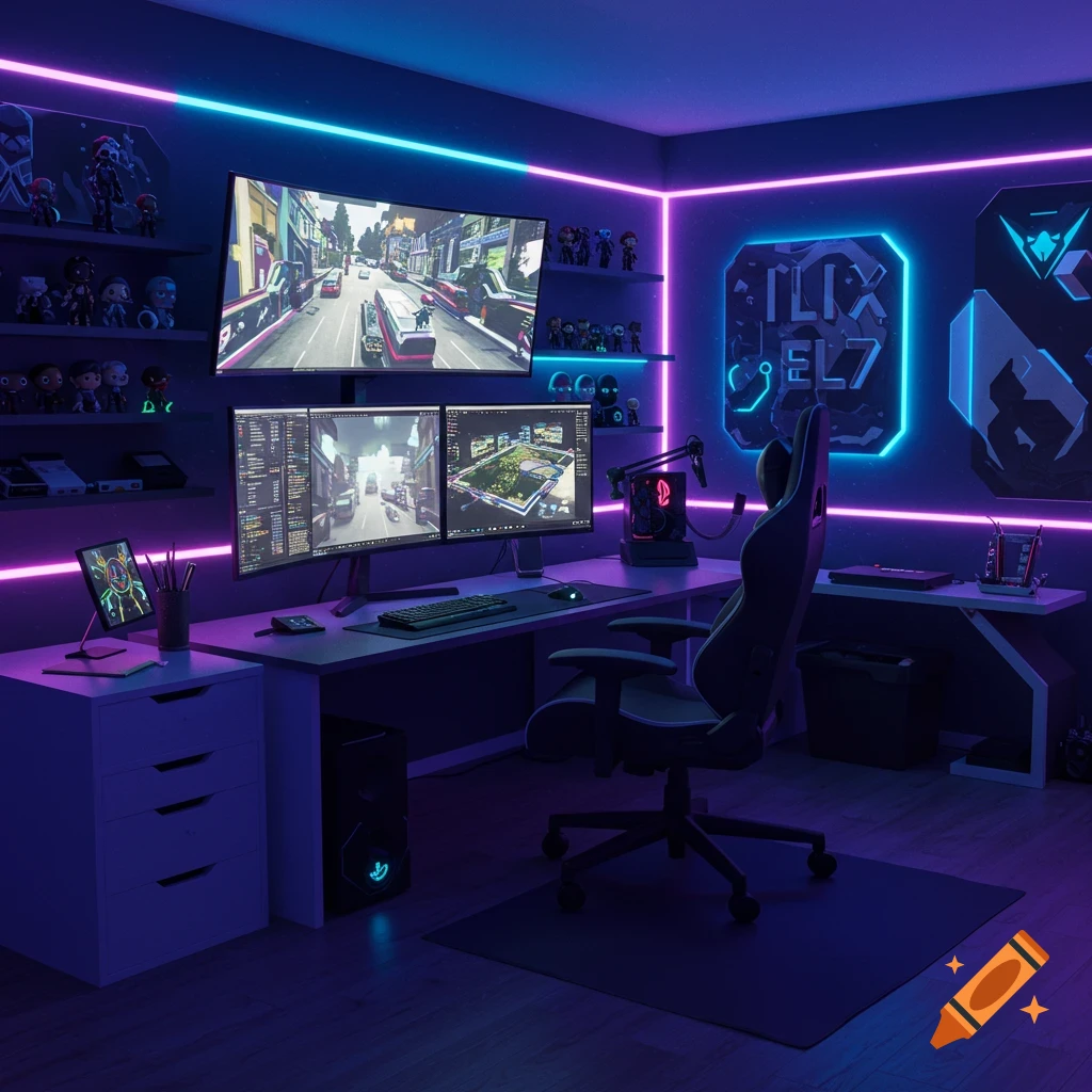 A futuristic gaming room lit with purple and blue neon lights, featuring multiple monitors, a gaming chair, and shelves of figures.