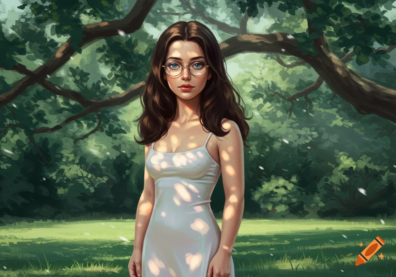 A young woman with dark brown hair, blue eyes, and glasses in a white slip dress stands in a sun-dappled forest, in a digital painting style.