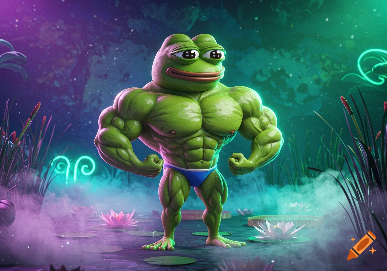 A highly muscular, green Pepe the Frog in a blue speedo stands in a misty pond with water lilies, surrounded by glowing neon plants and a dark, mystical forest background.