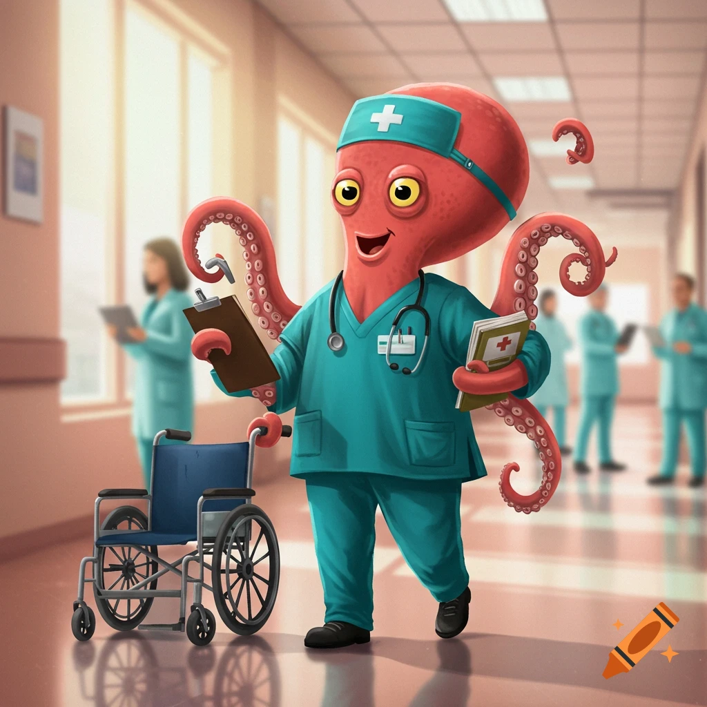 A happy red cartoon octopus doctor in scrubs holds a clipboard and book next to a wheelchair in a hospital.