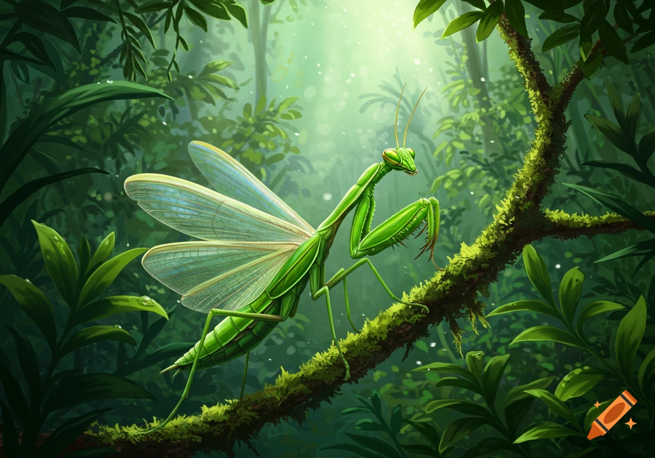 A vibrant green praying mantis sits on a mossy branch in a sunlit, lush jungle, illustrated.