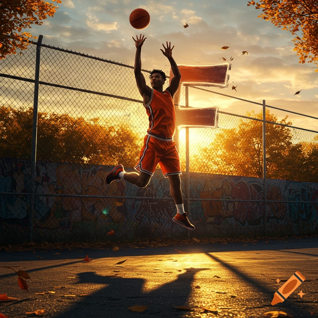 A photorealistic image of a basketball player in an orange uniform leaping to shoot a jump shot against a sunset sky, with the sun creating an 'F' shape behind him.