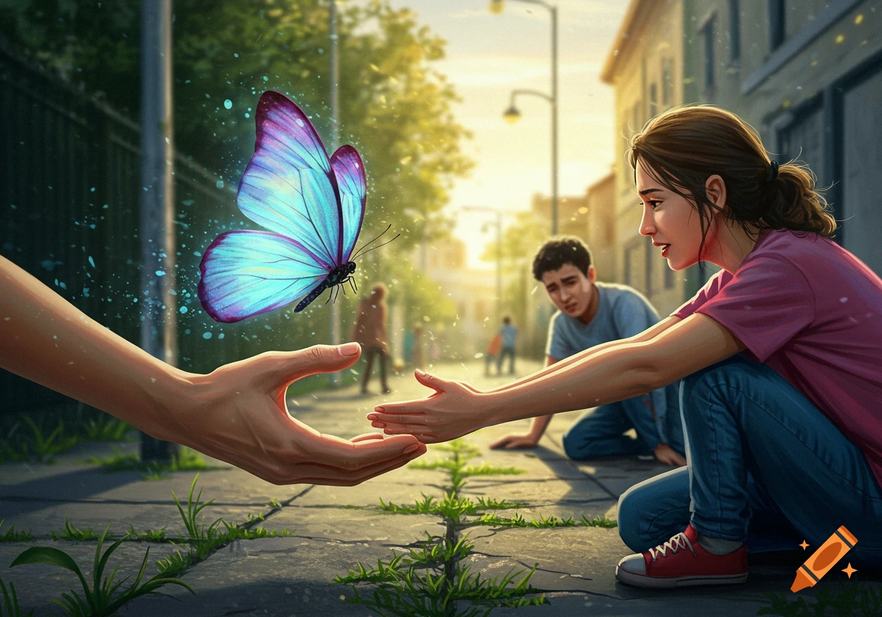 Vibrant digital illustration shows a large glowing blue butterfly over an outstretched hand. A woman reaches out on a sunlit street, while a man sits distressed in the background.