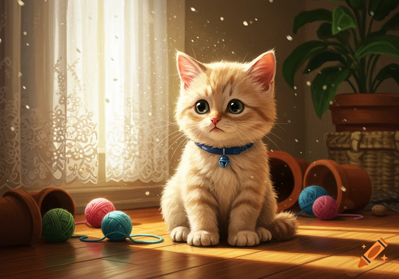 A cute ginger kitten with big eyes and a blue collar sits on a sunlit wooden floor surrounded by colorful yarn balls.