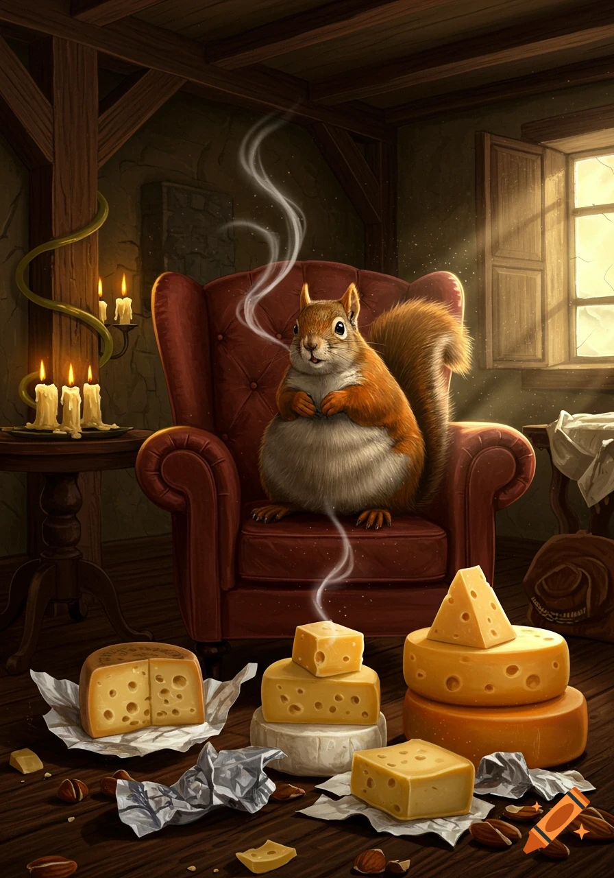 A plump squirrel sits in a red armchair in a dim, rustic room with candles, surrounded by various wheels and blocks of cheese on the wooden floor.