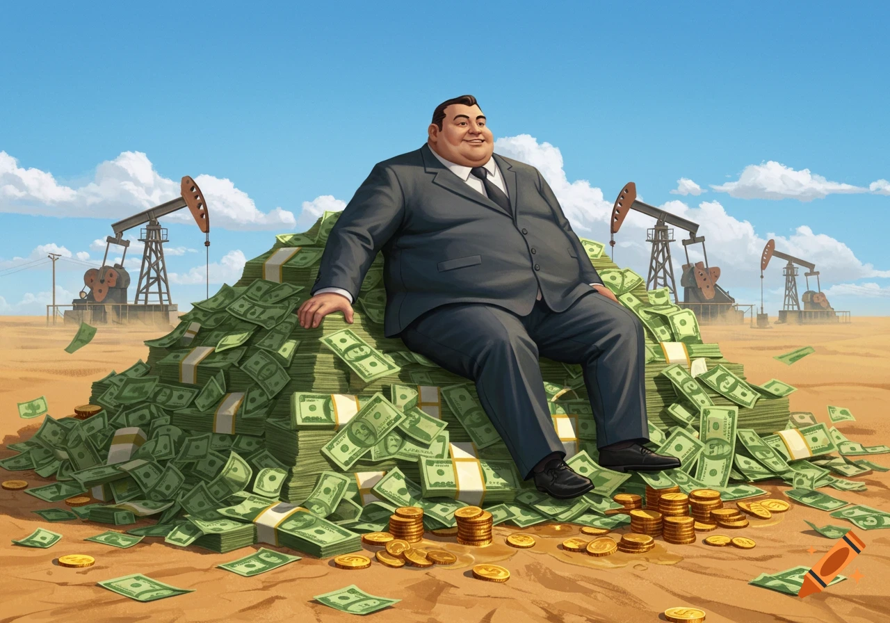A cartoon illustration of an obese man in a suit happily sitting on a large pile of money in a desert landscape with oil derricks.