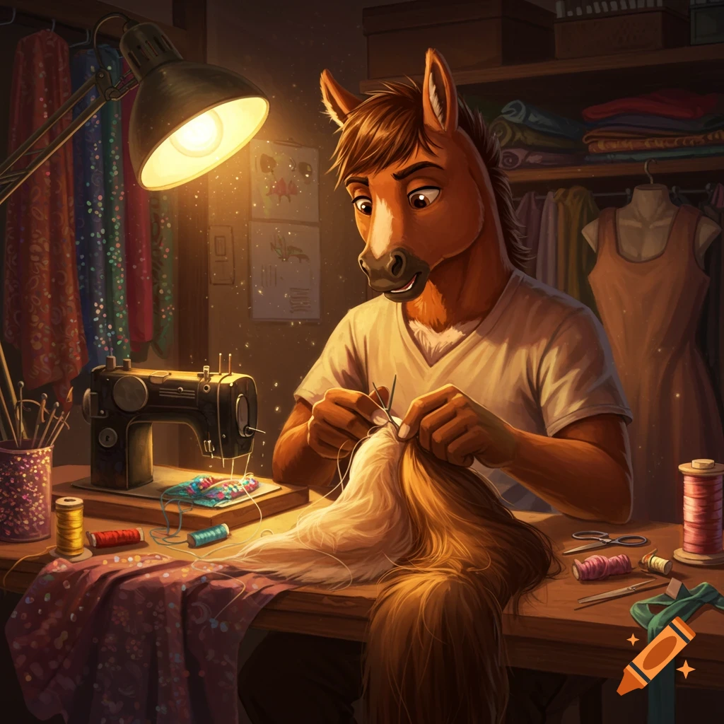 A horse furry sews a blonde horse tail on a sewing machine in a warmly lit room, surrounded by fabric and sewing supplies.