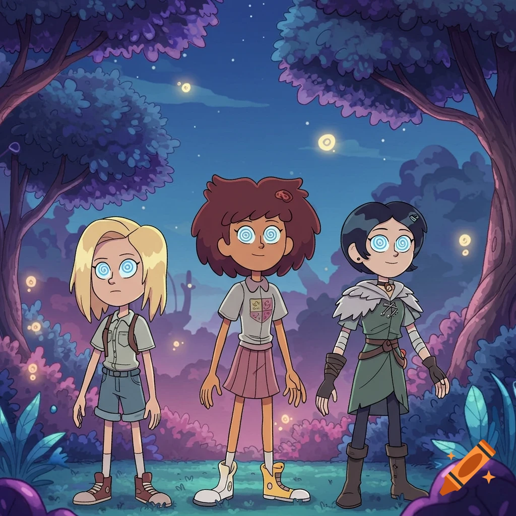 Three cartoon girls with spiral eyes stand in a magical glowing purple forest at night.