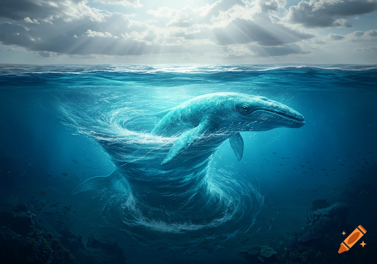 A massive blue whale gracefully swims underwater, surrounded by swirling currents of water, with sun rays piercing through the ocean surface.
