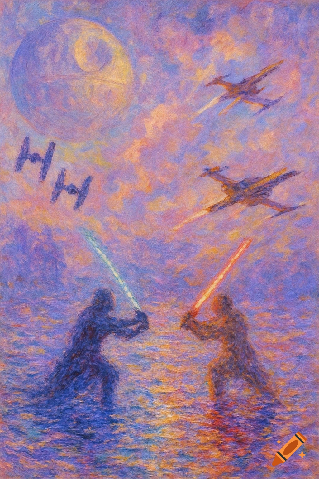 Monet-style painting of a Star Wars battle with two figures dueling with lightsabers, X-wings, TIE fighters, and the Death Star in a purple and orange sky.
