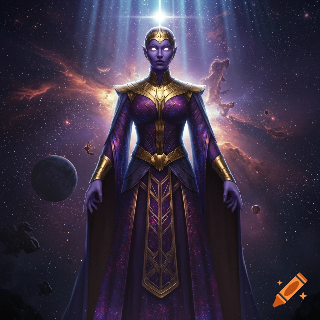 A purple-skinned alien goddess in ornate gold and purple armor stands against a vibrant cosmic background of stars and nebulae.
