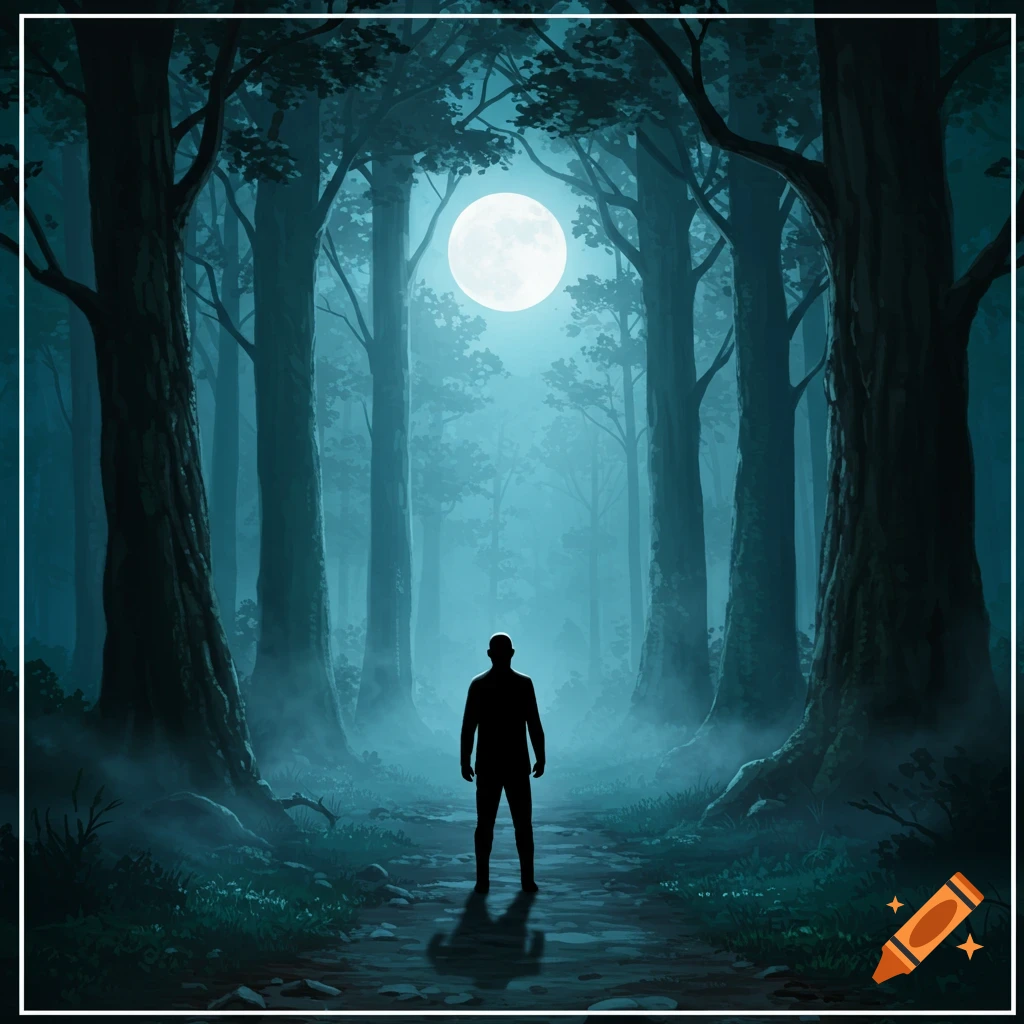 A silhouette of a man stands on a misty path in a dark forest under a bright full moon.