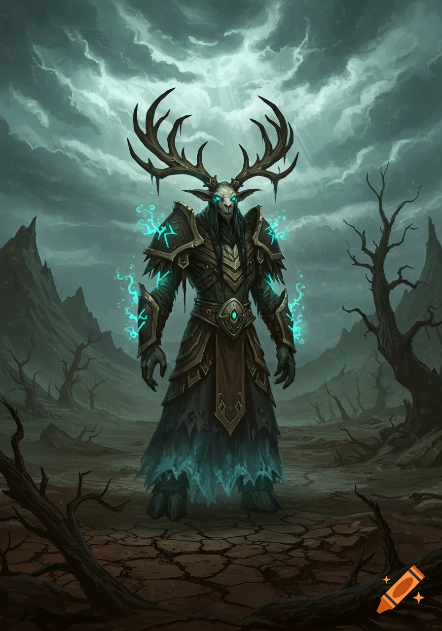 A towering fantasy creature with antlers and a skull face, adorned with glowing blue armor, stands in a barren, stormy landscape.
