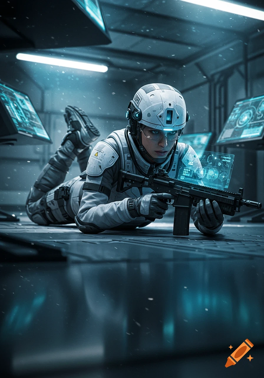 A futuristic female soldier in white armor lies prone on a metallic floor, aiming a rifle and looking at a glowing blue holographic display.