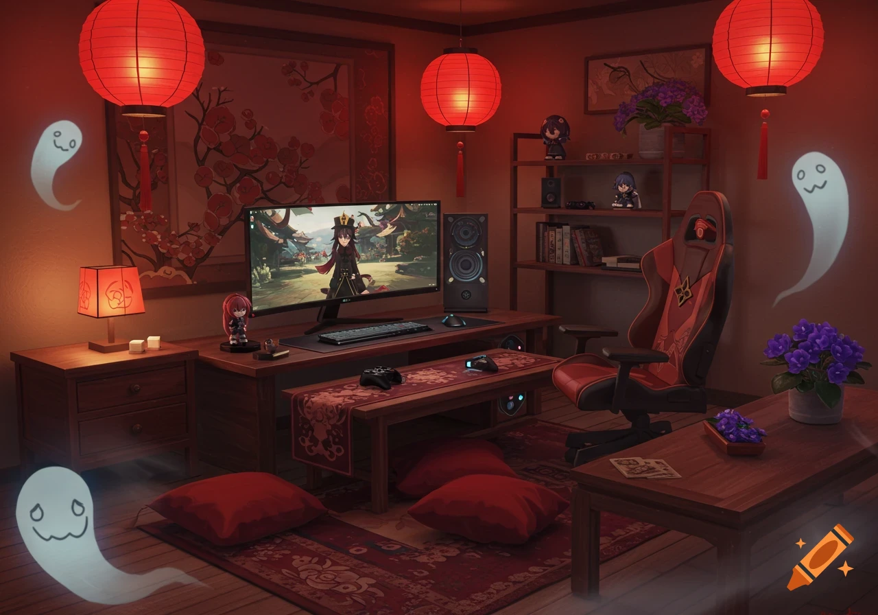 A cozy, red-themed gaming room featuring a large monitor displaying a Genshin Impact character, with Chinese lanterns, anime figurines, and ghost-like figures floating around.