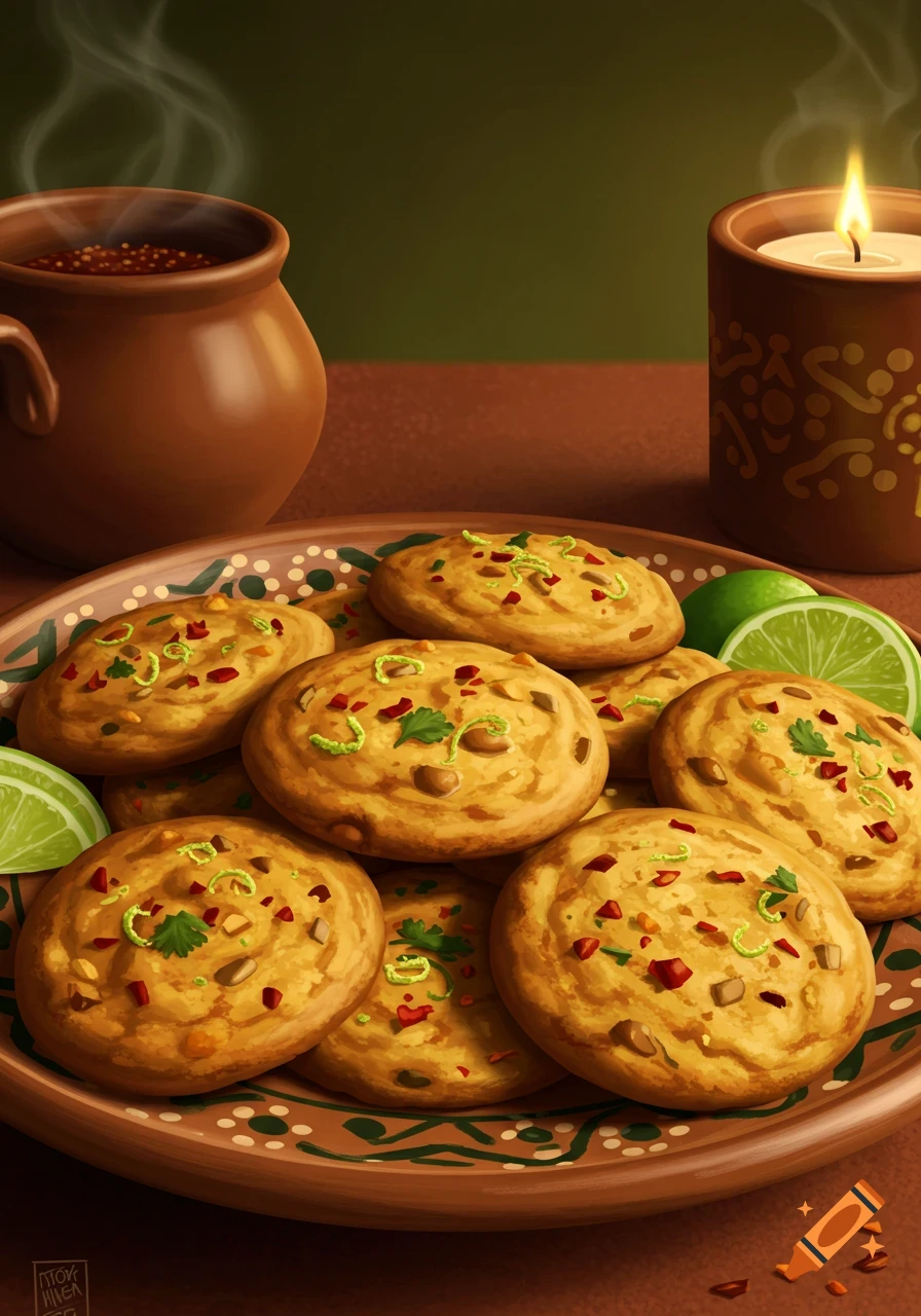 A plate of cookies garnished with herbs and red flakes, with lime slices, a steaming pot, and a lit candle on a table.