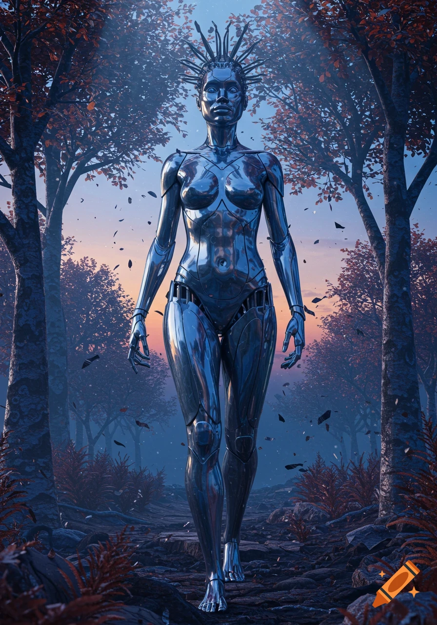 A metallic humanoid robot with a spiky crown walks through a forest with reddish-brown trees at dusk.