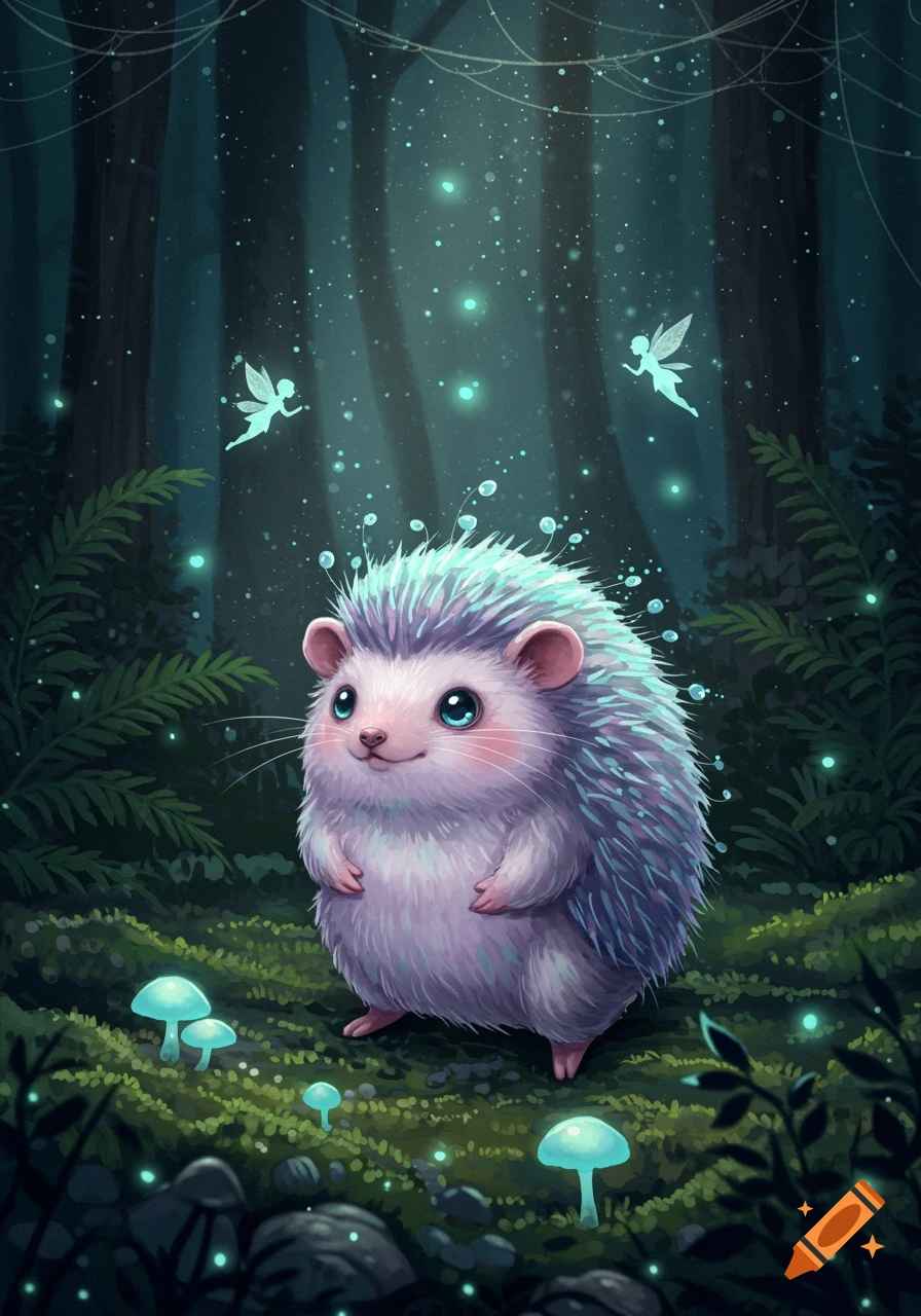A cute, fluffy hedgehog with blue eyes and purple quills stands in a magical, dark forest with glowing mushrooms and fairies.