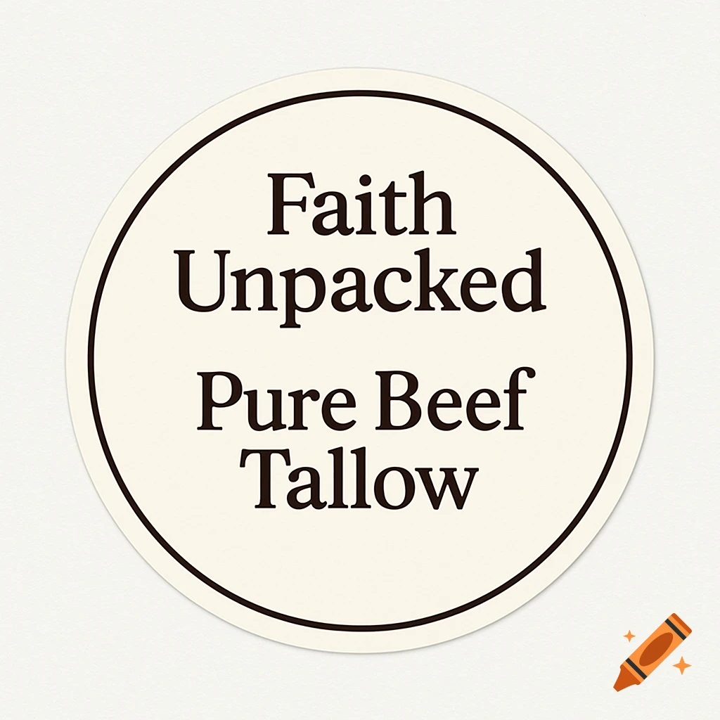 A white circular label with black text that reads Faith Unpacked Pure Beef Tallow on a light background.