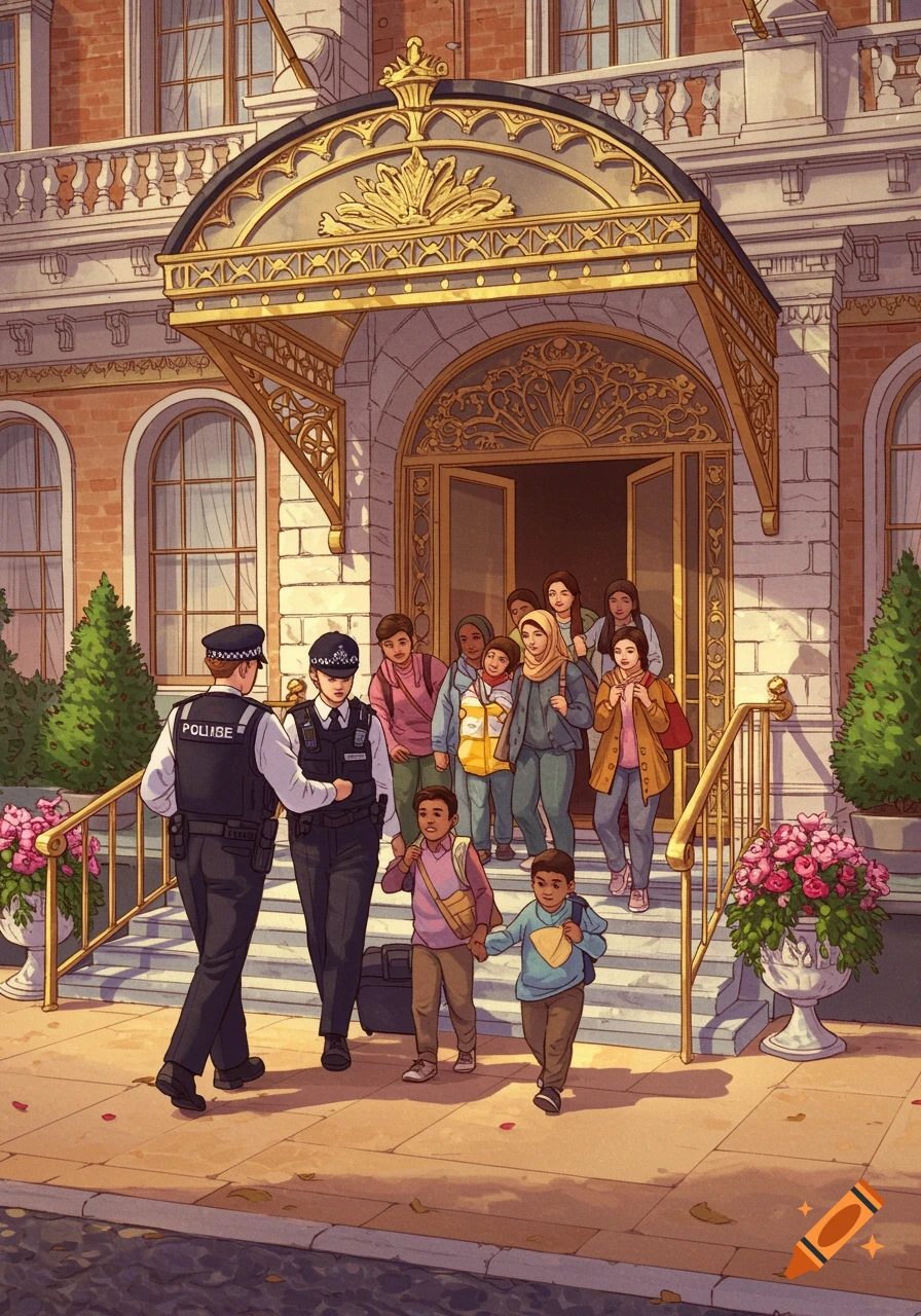 Illustrative scene of British police officers assisting a group of diverse individuals, including children, outside a grand hotel.