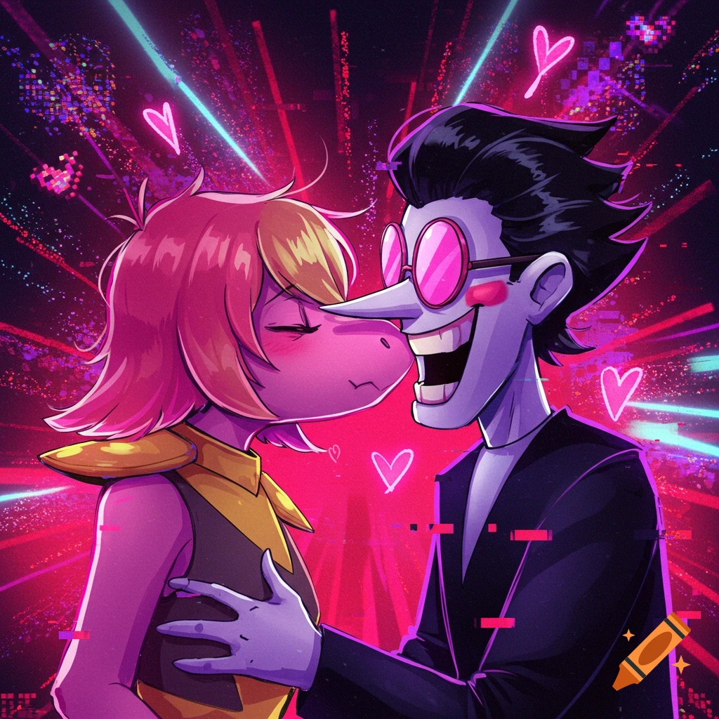 Susie and Spamton from Deltarune embrace closely, almost kissing, against a vibrant neon pink background with digital glitch effects and floating hearts.
