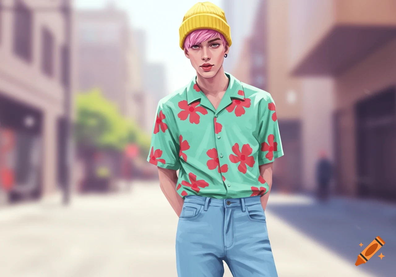 Illustrated pale guy with pink hair, yellow beanie, mint floral shirt, and light blue jeans standing in a blurred city street.