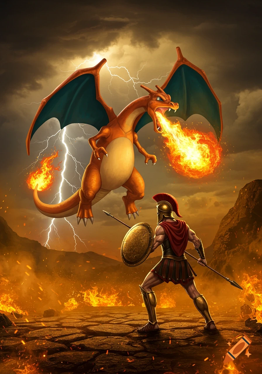 A Spartan warrior battles Charizard, who breathes fire, in a fiery landscape under a stormy, lightning-filled sky.