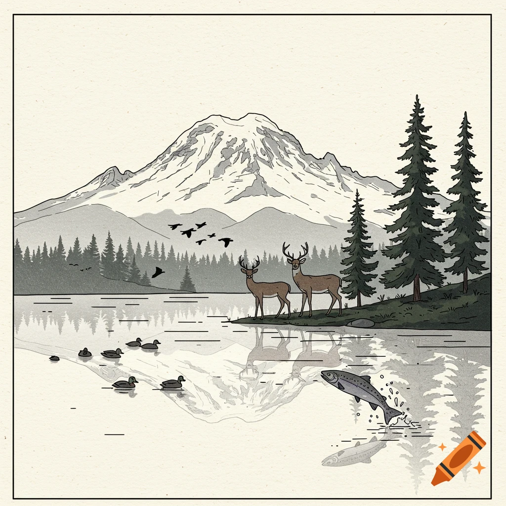 Simple outline drawing of a serene mountain landscape with a lake, two deer, ducks, and a salmon jumping from the water.