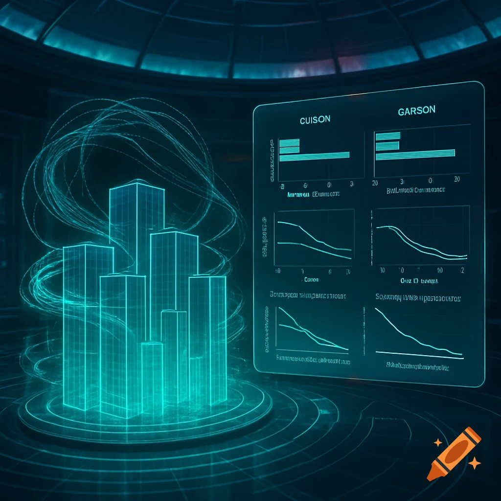 A futuristic holographic display shows glowing teal bar charts and line graphs, with abstract light trails swirling around tall, illuminated city buildings.