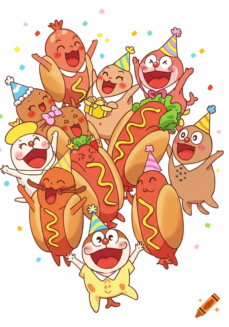 Cartoon hotdog and food characters in party hats celebrating with confetti.