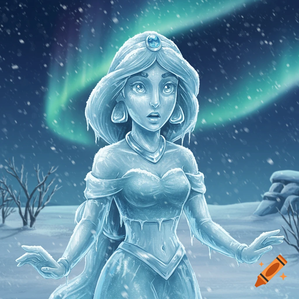 An illustrated Princess Jasmine as a surprised ice statue in a snowy, aurora-lit landscape.
