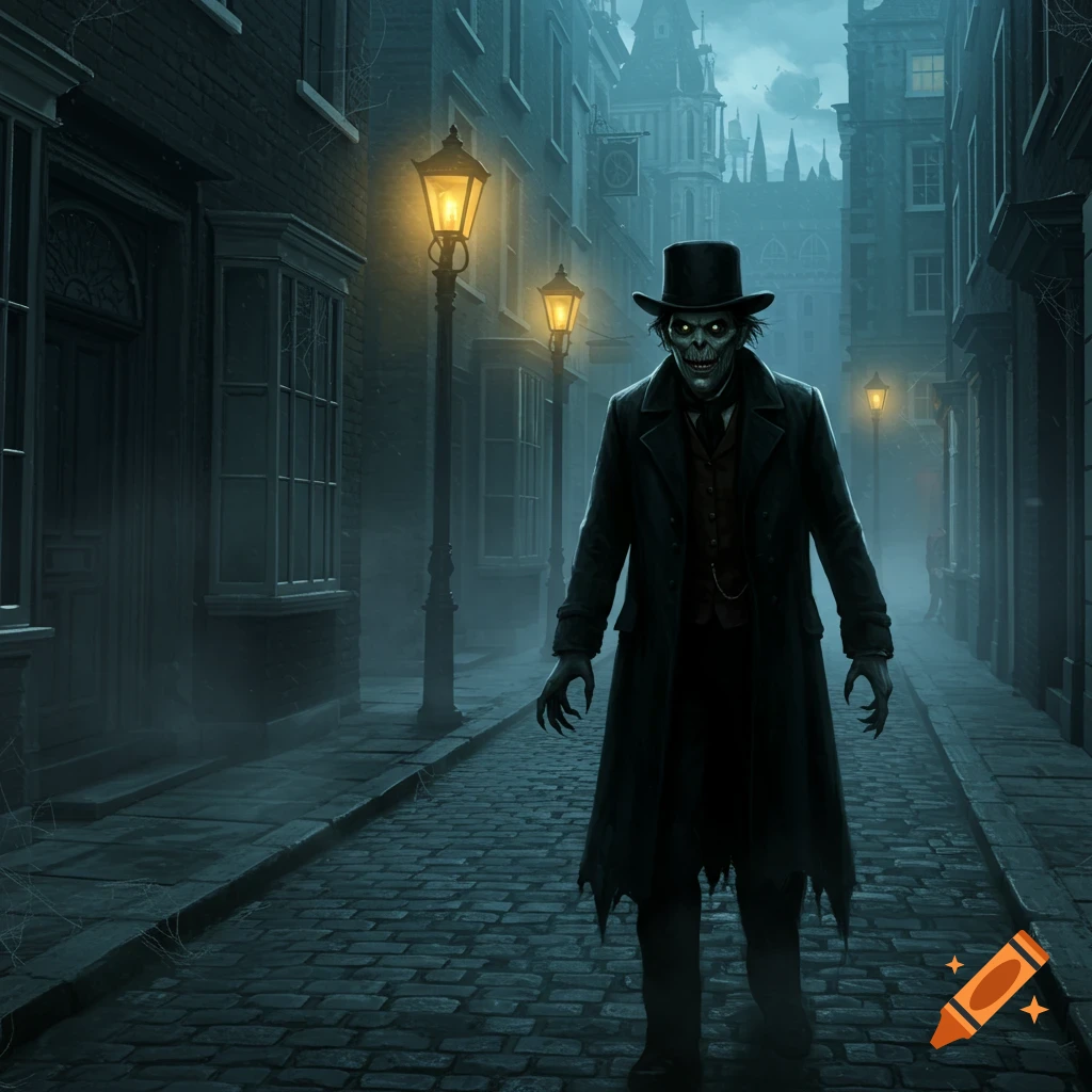 A monstrous figure in a top hat and coat with glowing eyes and clawed hands walks on a foggy, gaslit cobblestone street at night.