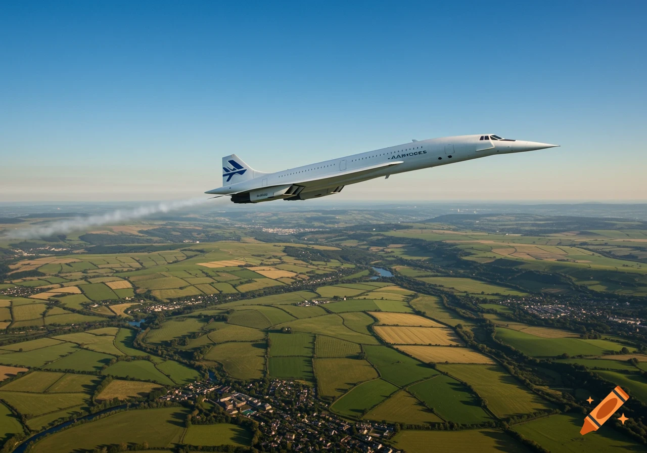A white Concorde supersonic jet airplane flies over a patchwork of green and yellow fields and small towns under a clear blue sky.