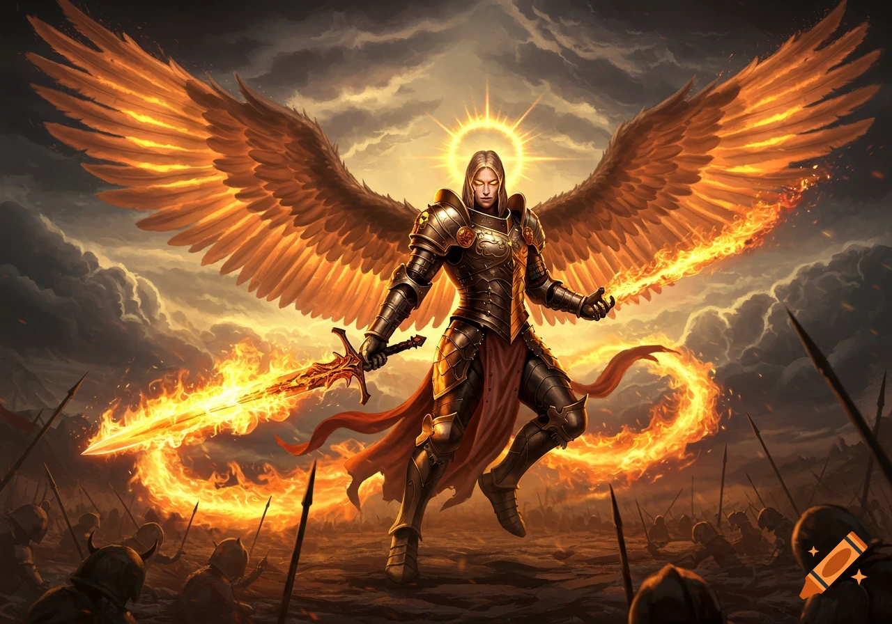 An epic angel warrior in golden armor with large flaming wings, holding a glowing fire sword amidst a fiery battlefield at sunset.