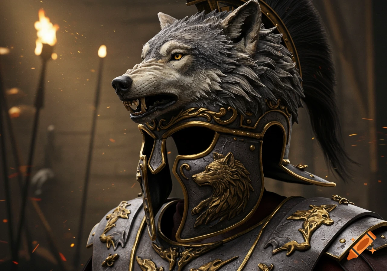 Detailed close-up of a Roman-style helmet with a wolf's head and intricate gold and silver armor.