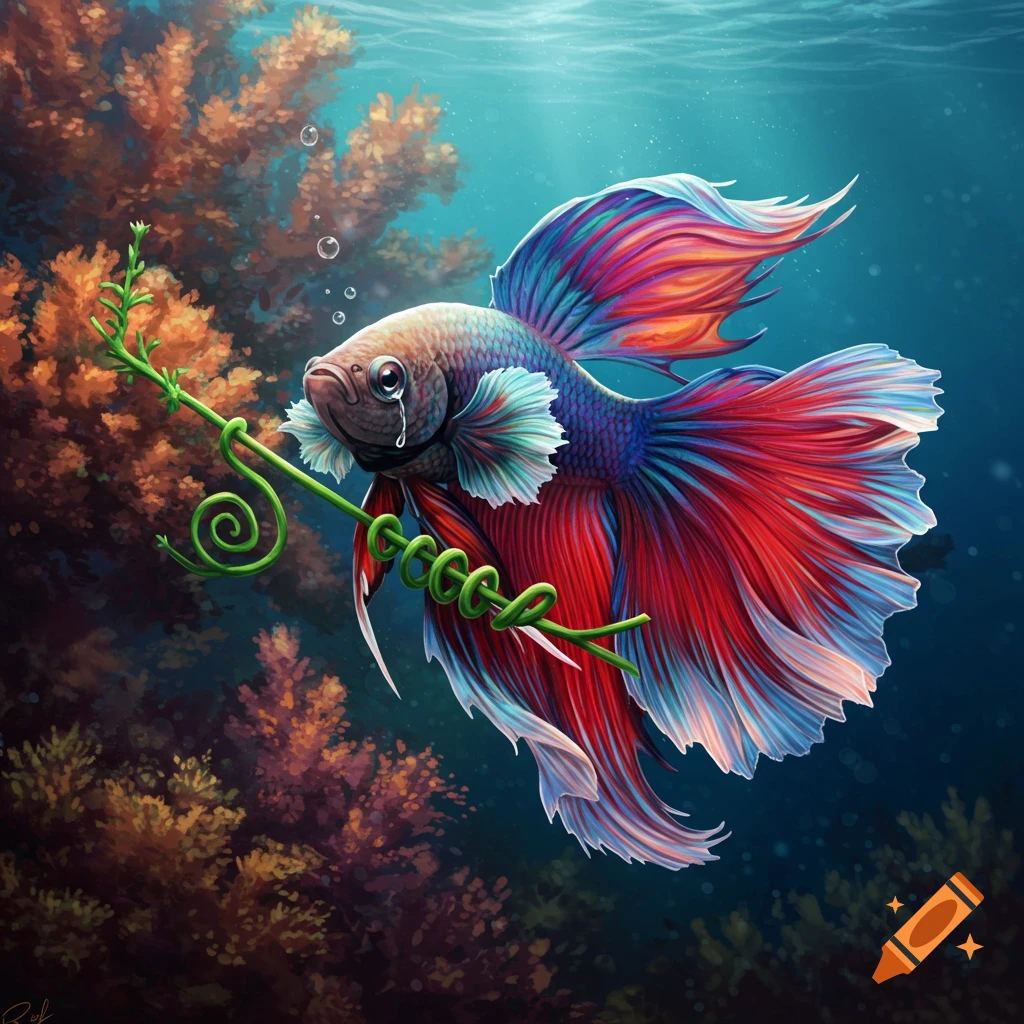 A vibrant, stylized betta fish crying underwater, holding a green seaweed plant, with coral in the background.