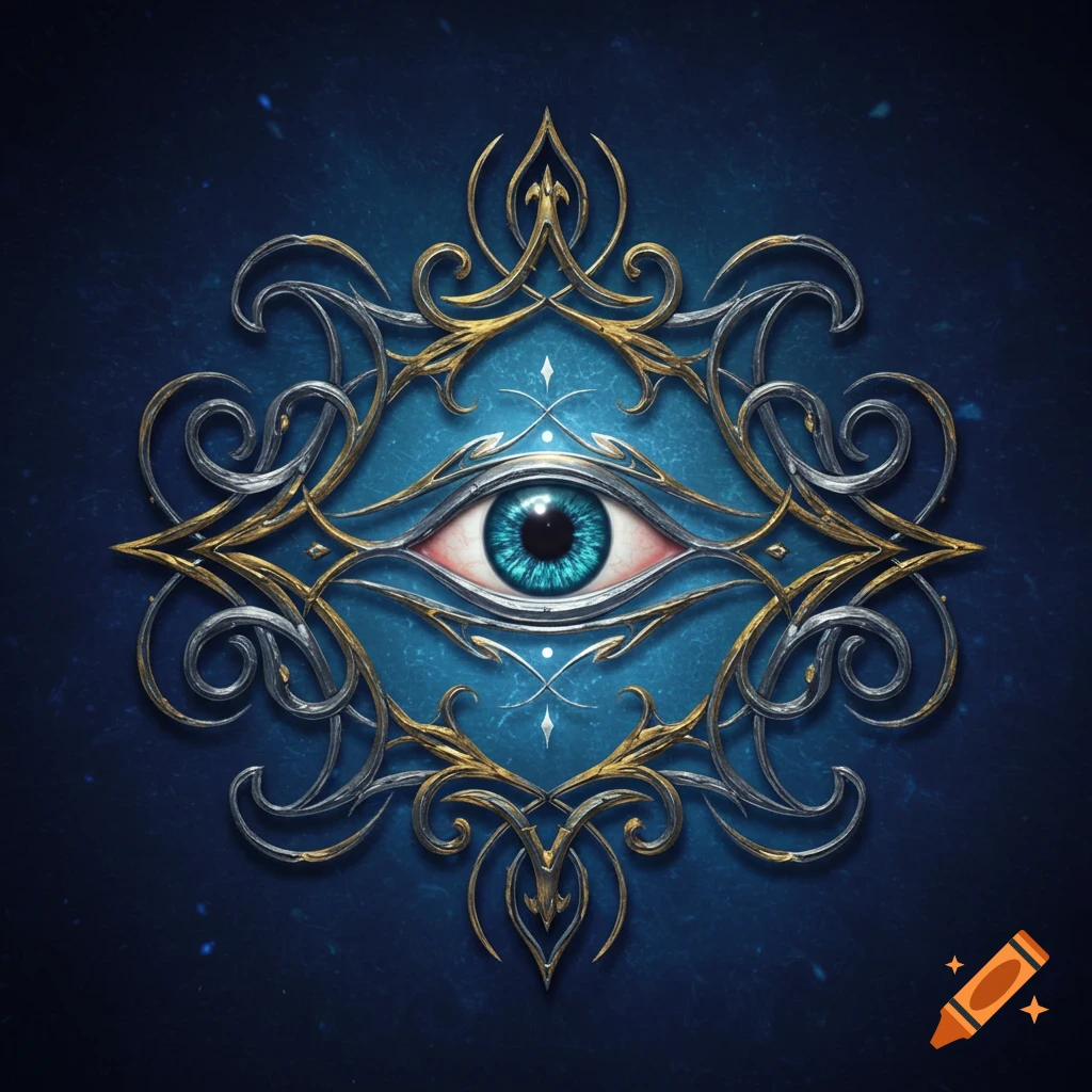 A teal eye within an intricate gold and silver ornate frame against a dark blue textured background.