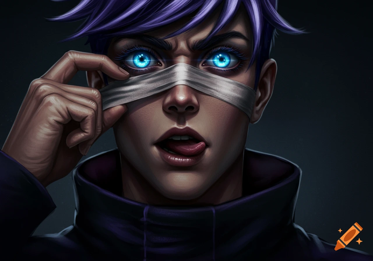 Close-up digital art of a male character with purple hair and glowing blue eyes, pulling down a white blindfold while licking his lip.