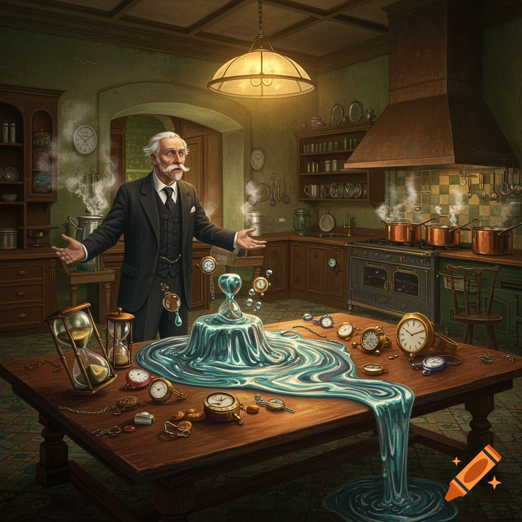 A surprised old man in a vintage kitchen gestures at a table where clocks and hourglasses melt into a pool of water, in a detailed surreal illustration.