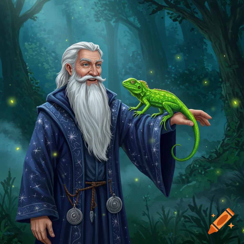 An old wizard with a long white beard holding a green lizard in a mystical forest with fireflies.