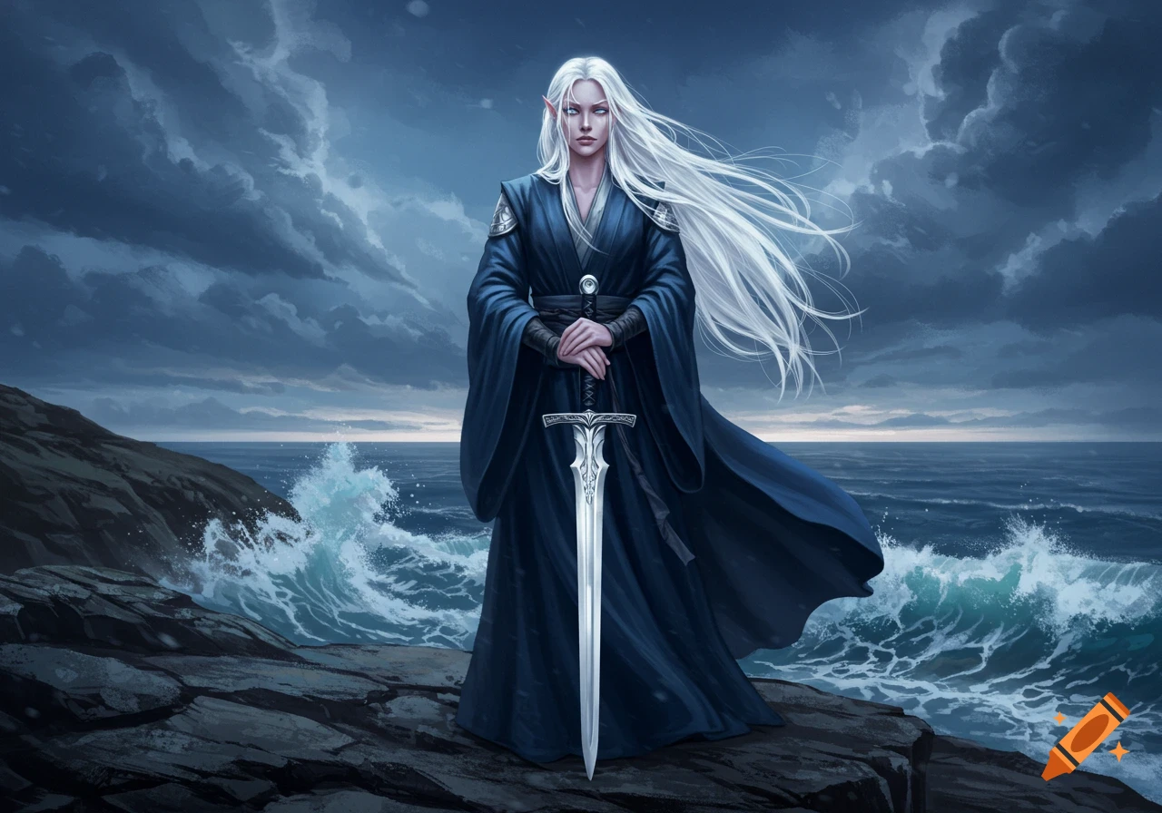 A pale elf woman with long white hair stands on a rocky coast, holding a large sword, with stormy seas and dark clouds in the background.