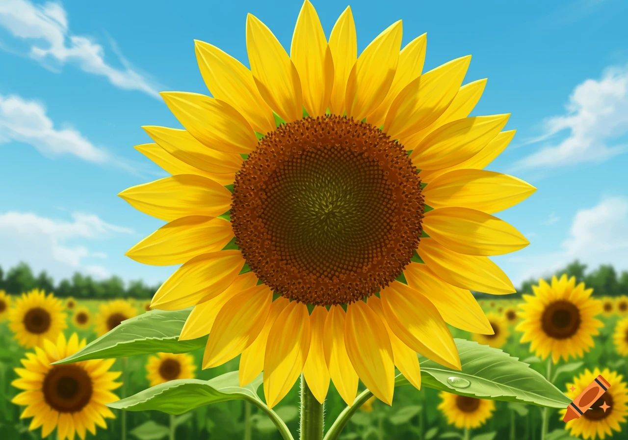 A vibrant yellow sunflower stands tall in a field of sunflowers under a bright blue sky with white clouds.